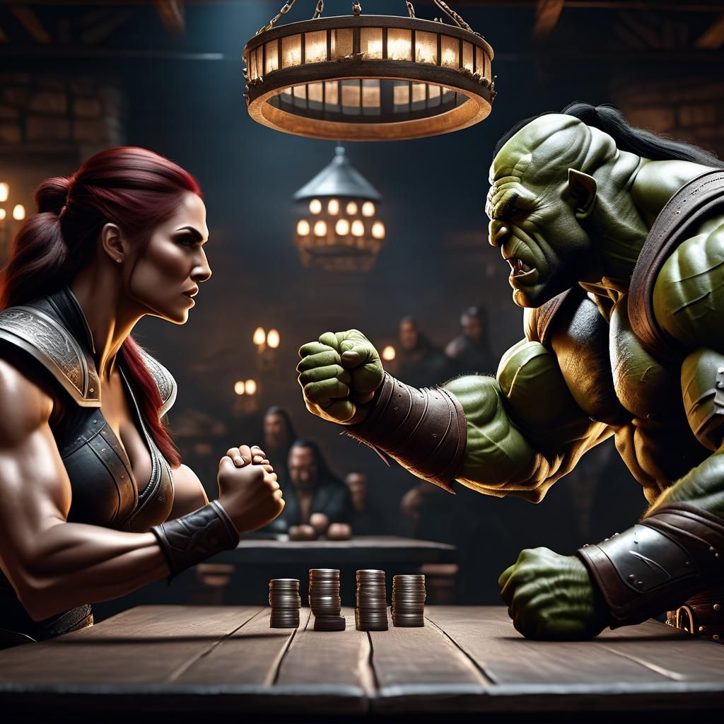 Female Wrestler Wins Against Orc in Tavern