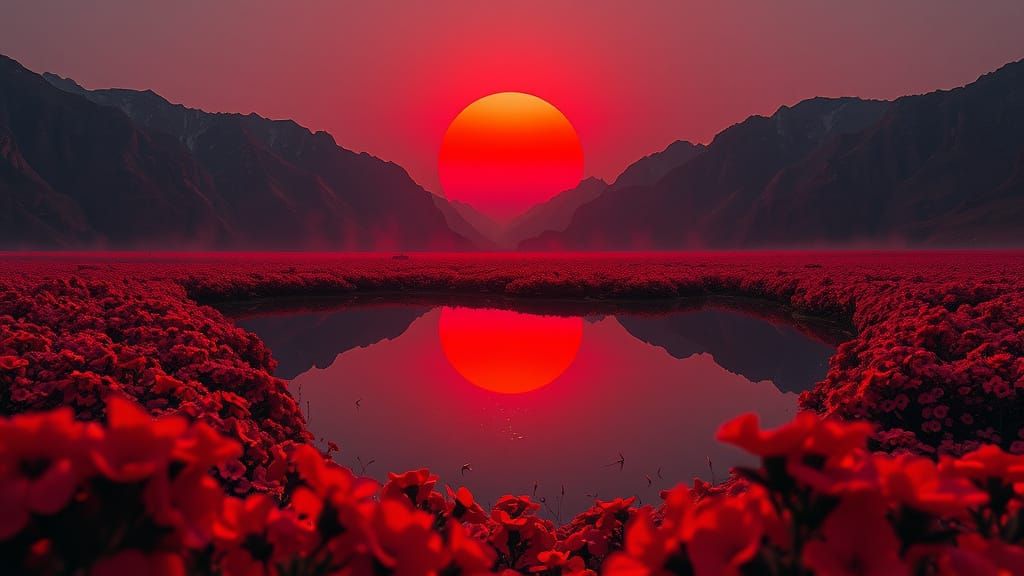 Fire Red Sun Reflected in Mountain Pool, Alcohol Ink Style