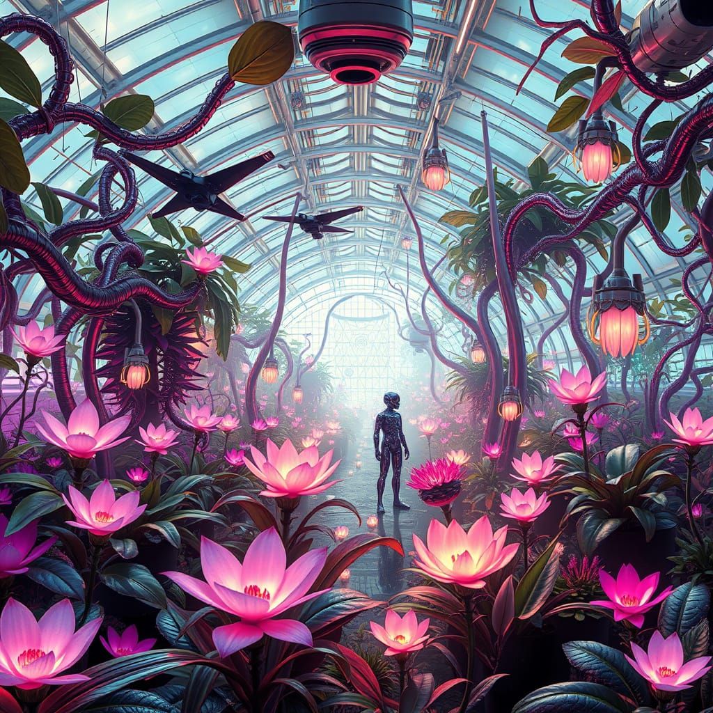 Glowing Cybernetic Oasis Hides Surveillance Drones Among Lus...