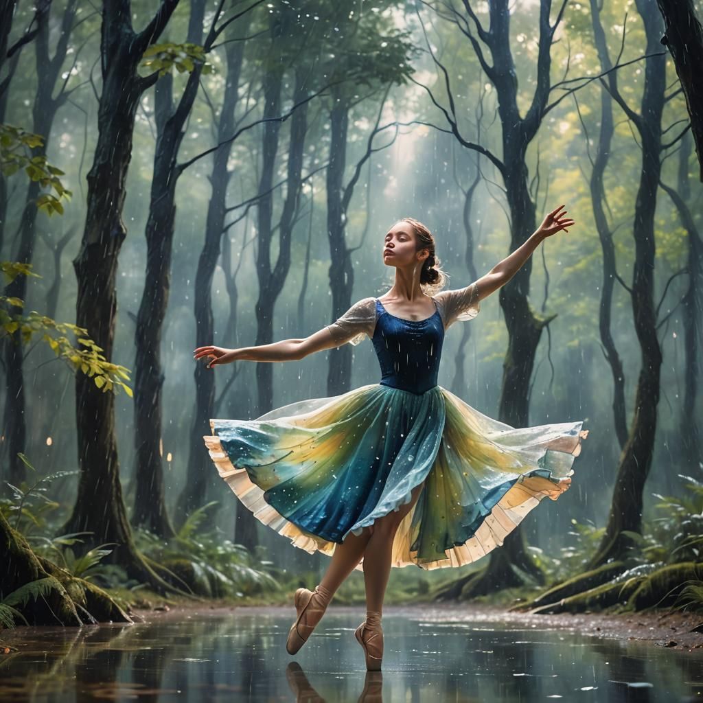 Ballet Dancer in Rainy Magical Forest