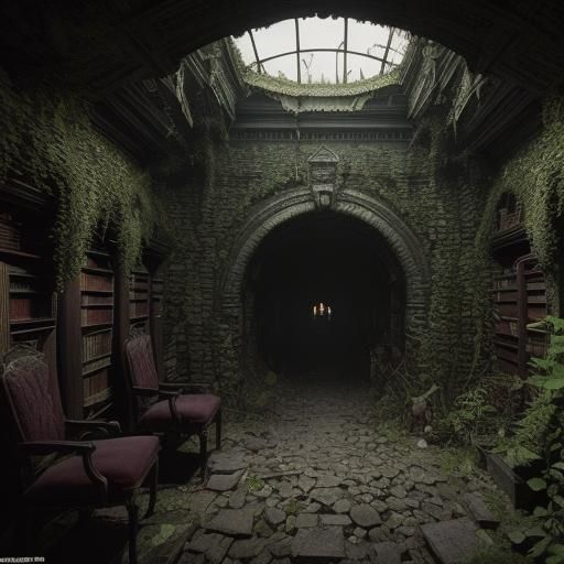 Dark Abandoned Castle Basement Library in Horror Style