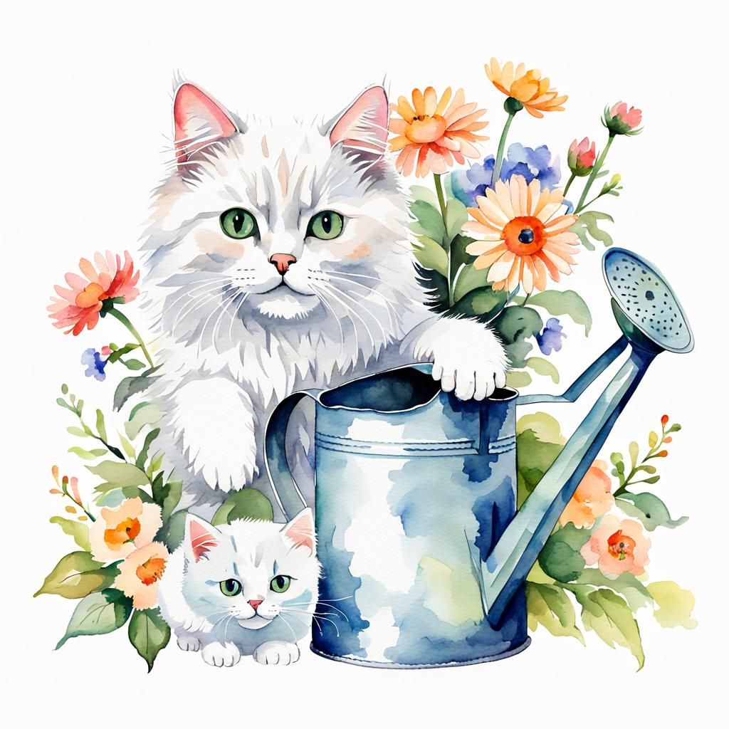 Watercolor Clip Art: Watering Can, Cat, Flowers