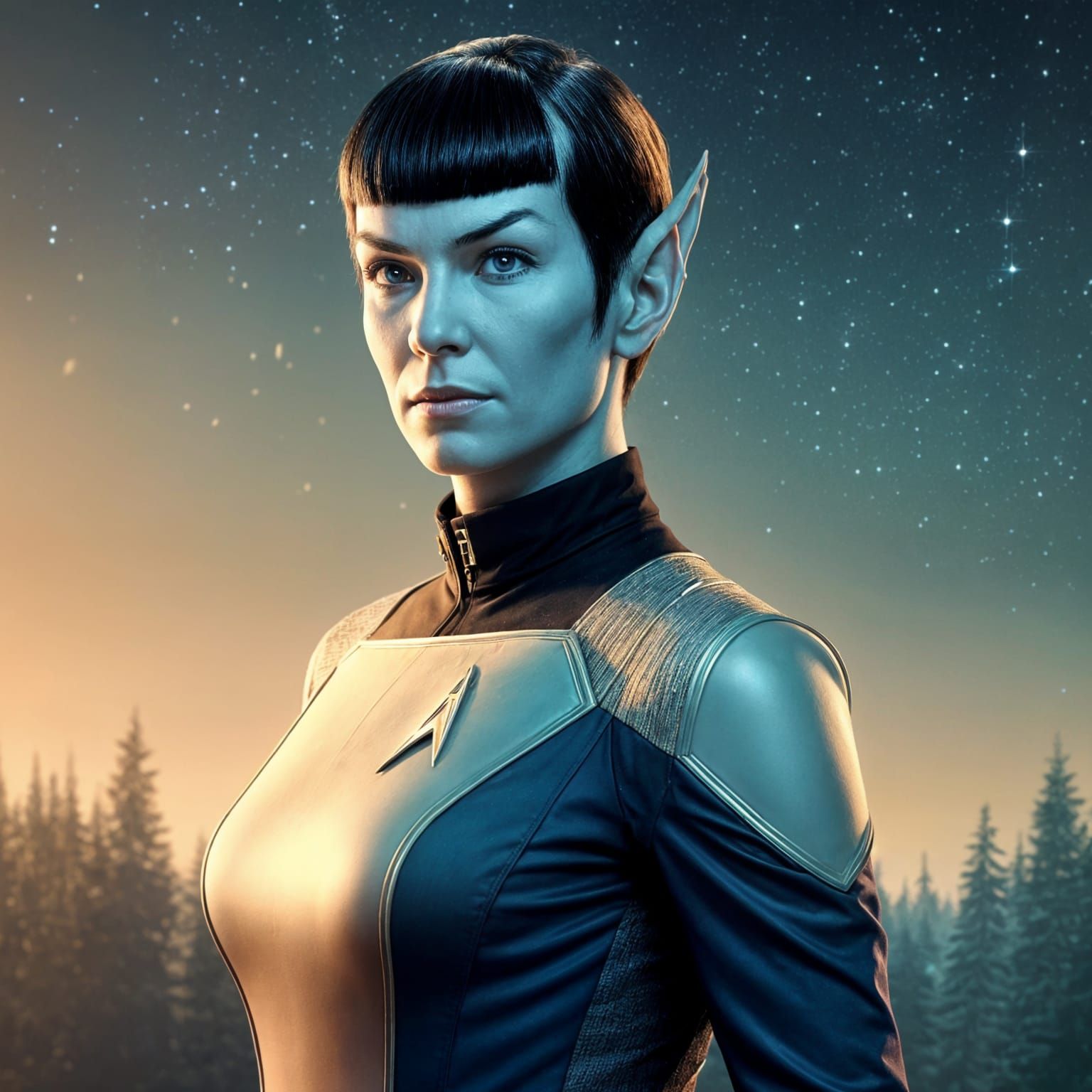 Vulcan-Andorian Hybrid Stands Confidently in Starlit Forest