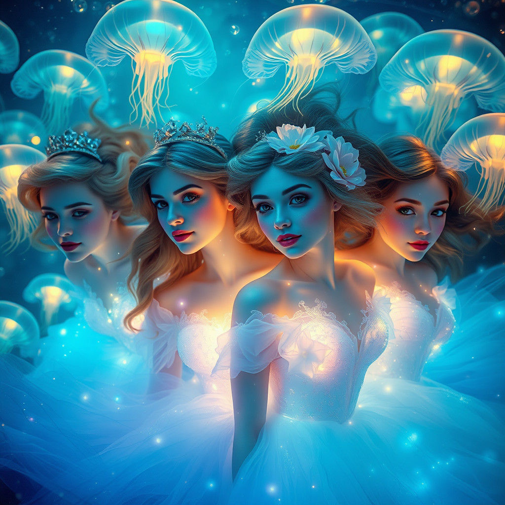 Glowing Princesses Underwater in Art Nouveau Style