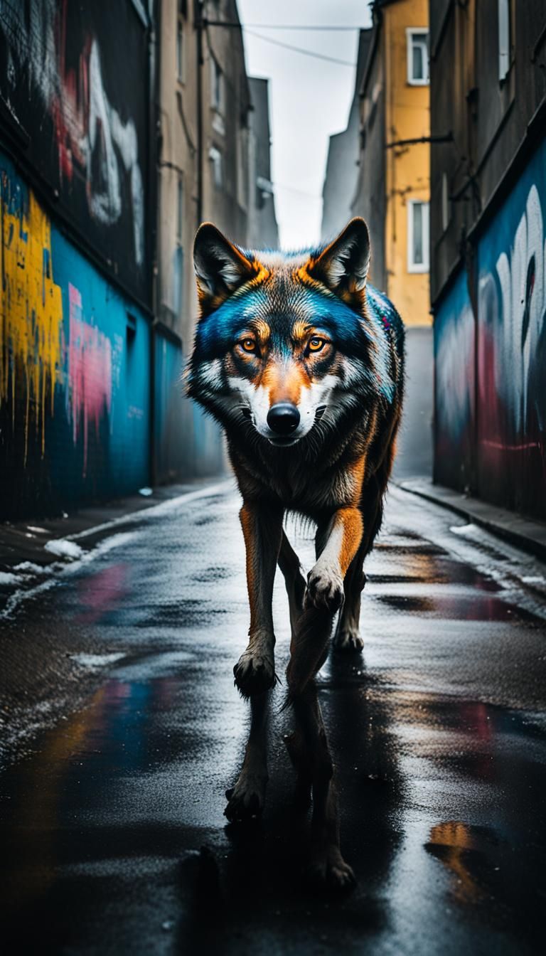 Wolf on Empty Street with Airplane in Graffiti Art