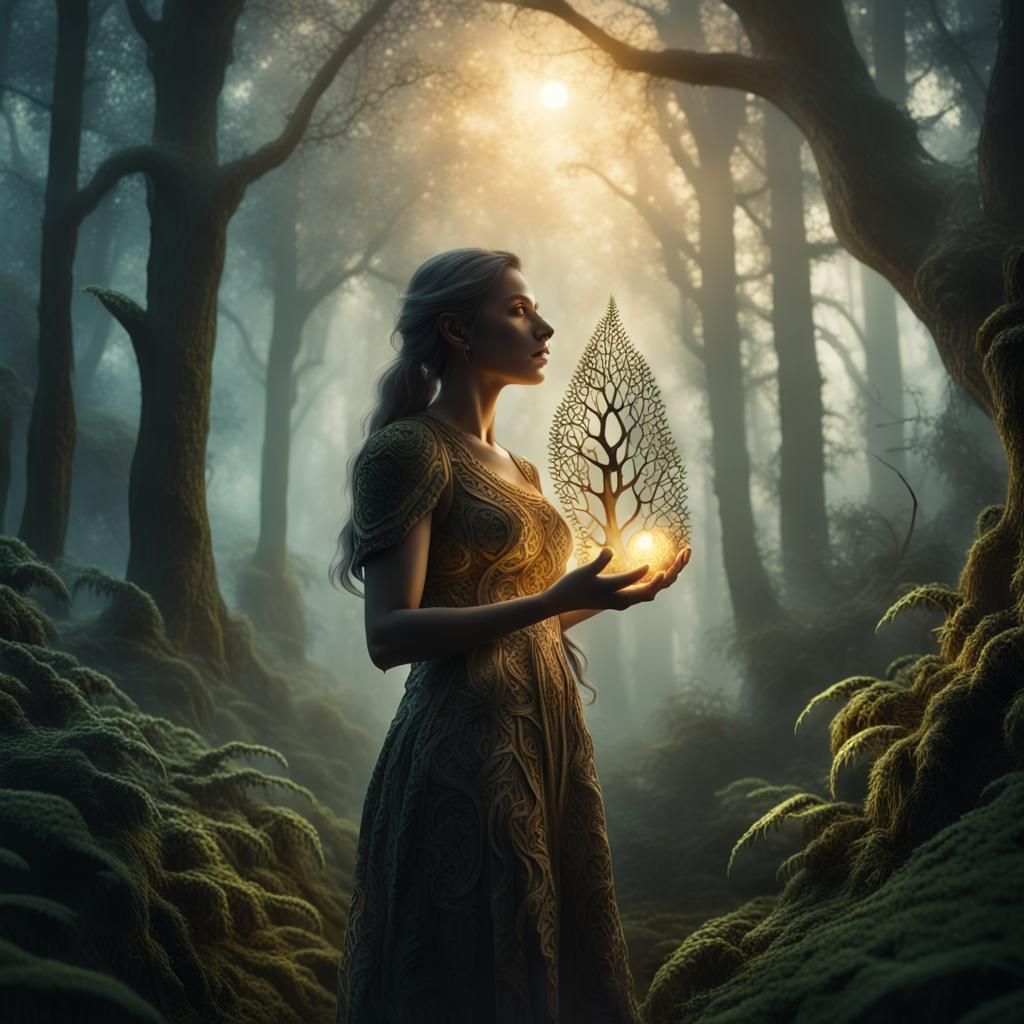 Woman Holding Glowing Seeds in Misty Forest
