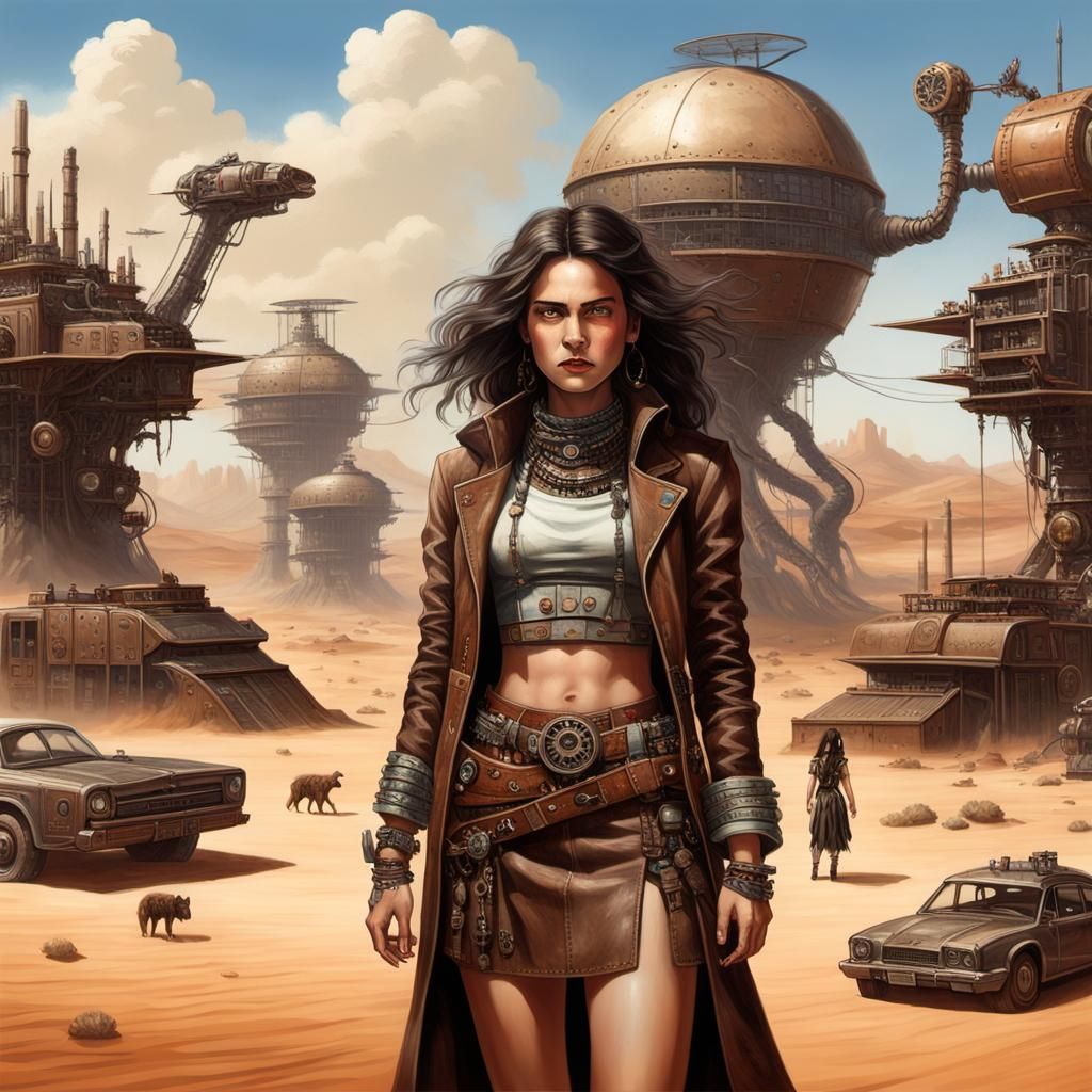 Brunette Desert Giantess in Steampunk Town