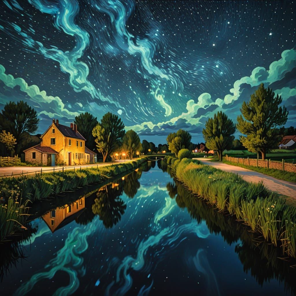 Van Gogh Style Night Sky Over Rural Canal