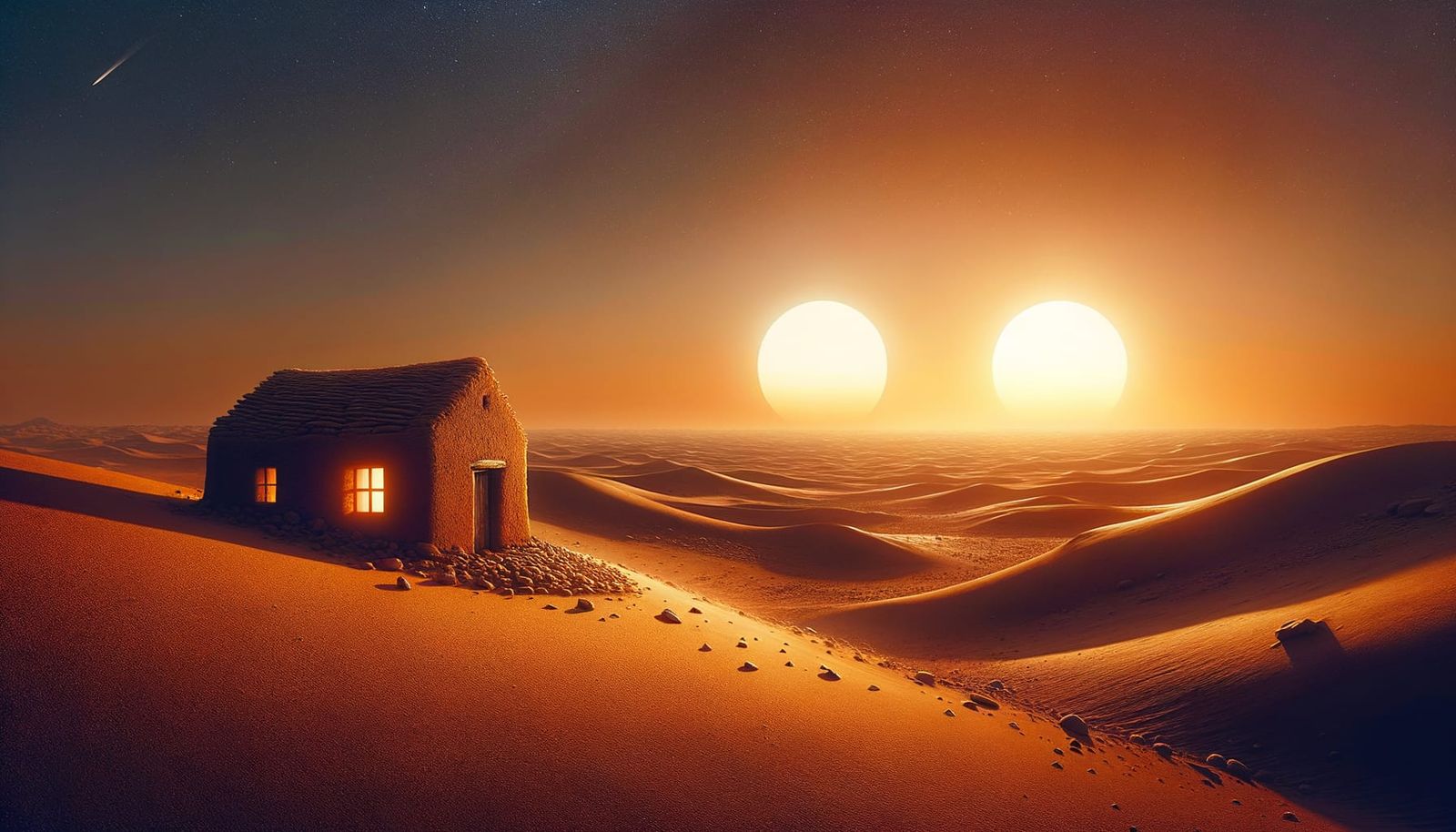 Twin Suns Set on a Desert Adobe Village