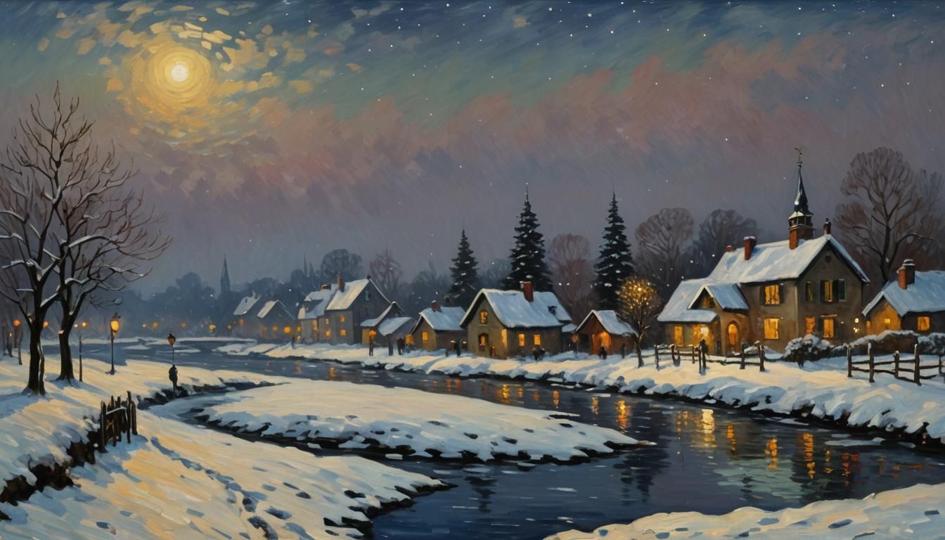 Impressionistic Christmas Night Landscape in Monet Style