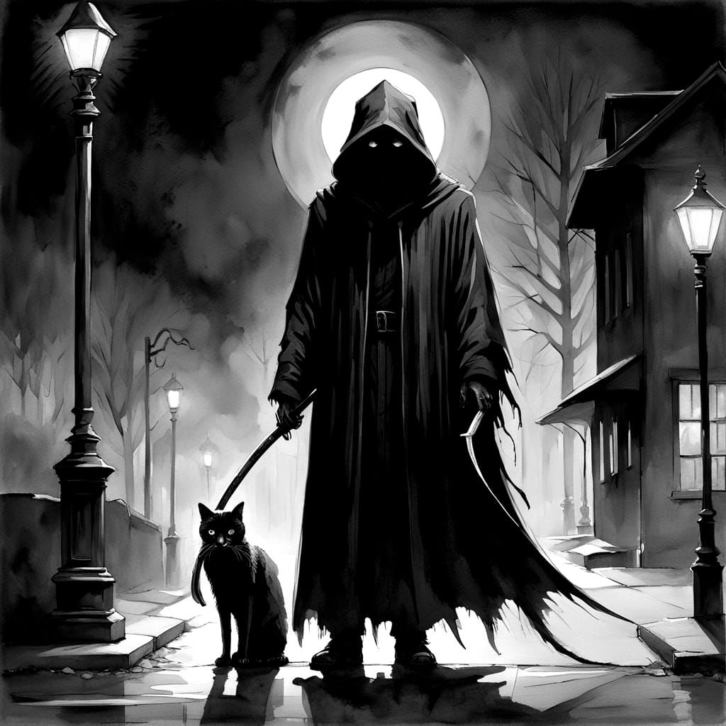 Grim Reaper and Black Cat Sidewalk Encounter