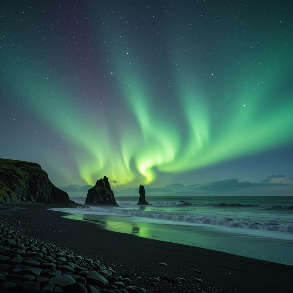 Aurora Over Reynisfjara Black Sand Beach