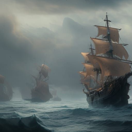 Pirate Ship Amidst Stormy Seas: Digital Art