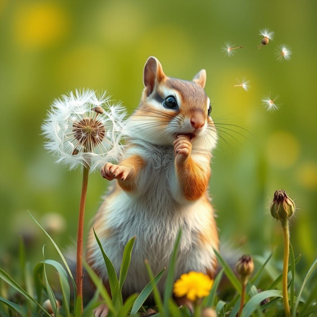 Chipmunk Gentlely Liberates Dandelion Seeds in Whimsical Sum...