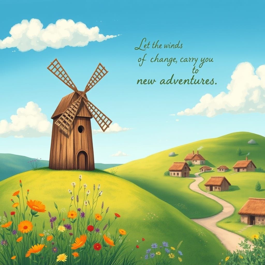 Whimsical Windmill Landscape in Pastel Colors