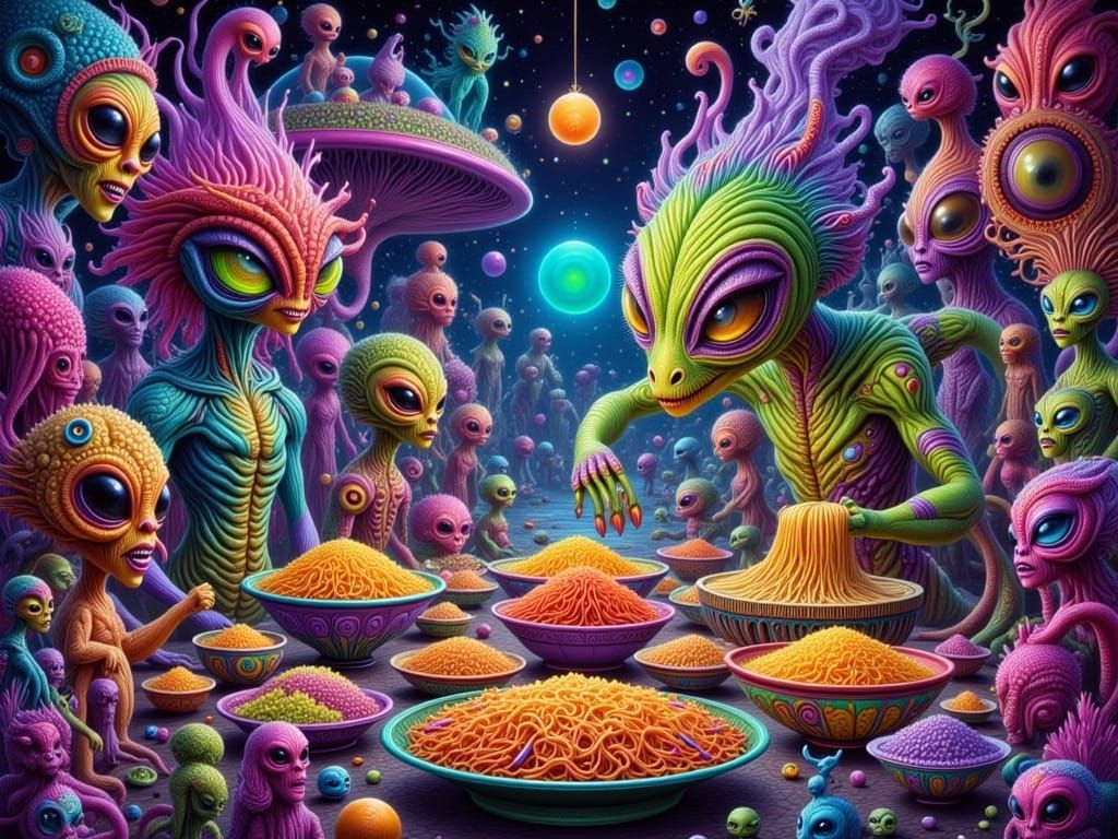 Alien Food Stall Chalk Art on Busy Planet