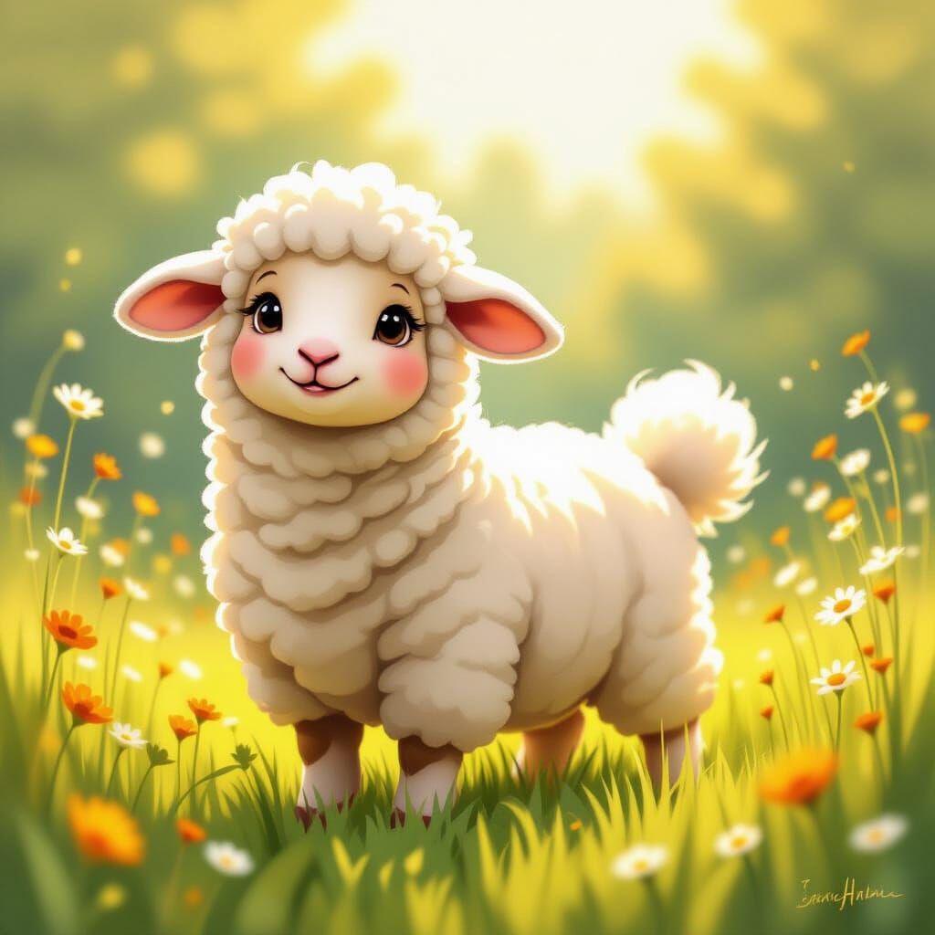 Whimsical Sheep-Dog Hybrid in Sunlit Meadow