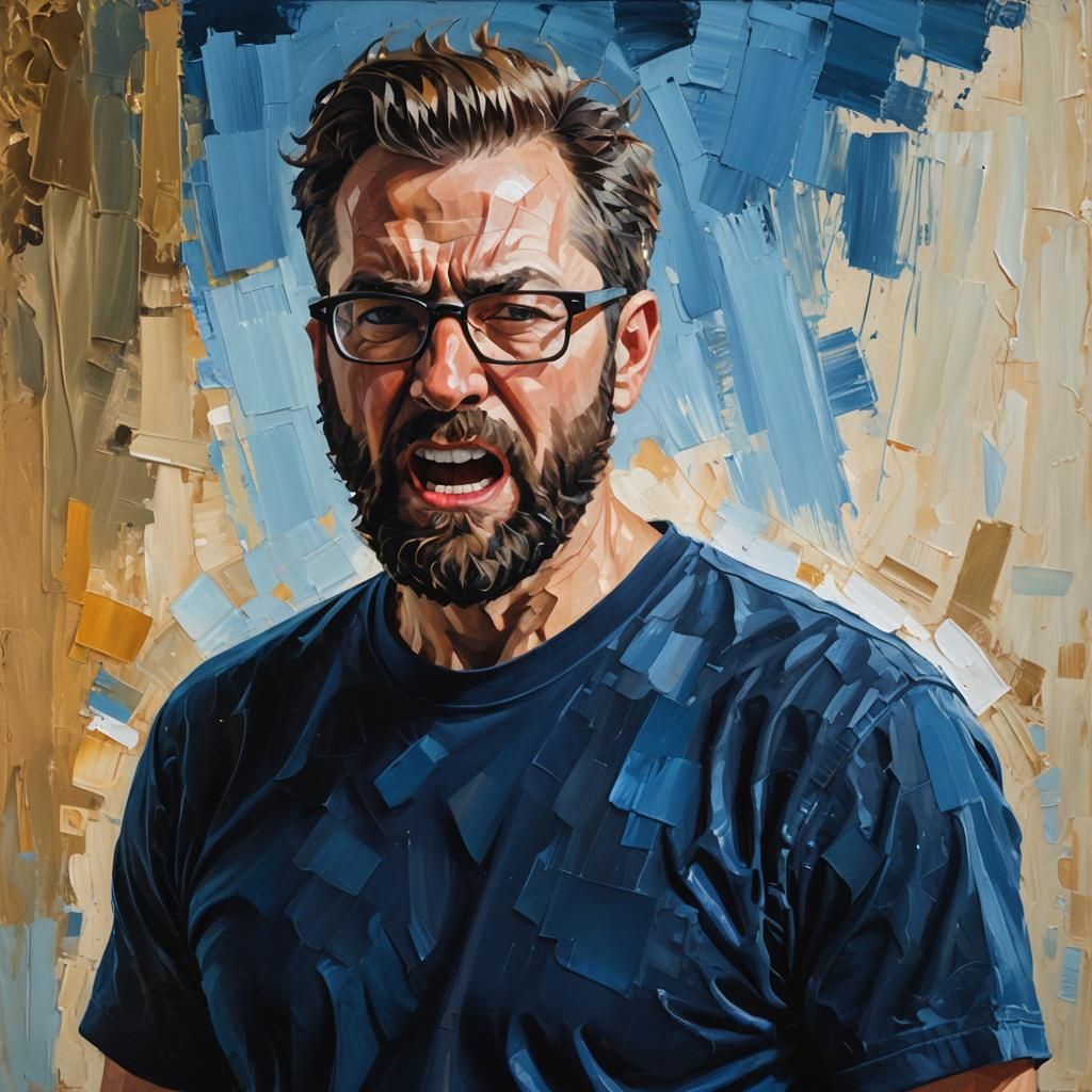 Angry Bearded Man Portrait as Neo-Impressionist Oil Painting