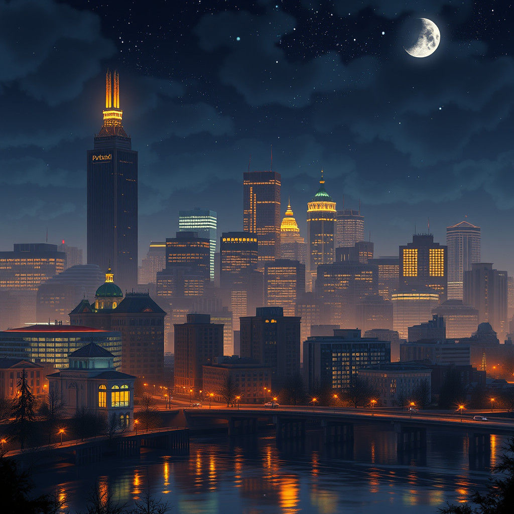 Mystical Portland Cityscape in Ghibli-Inspired Anime Style