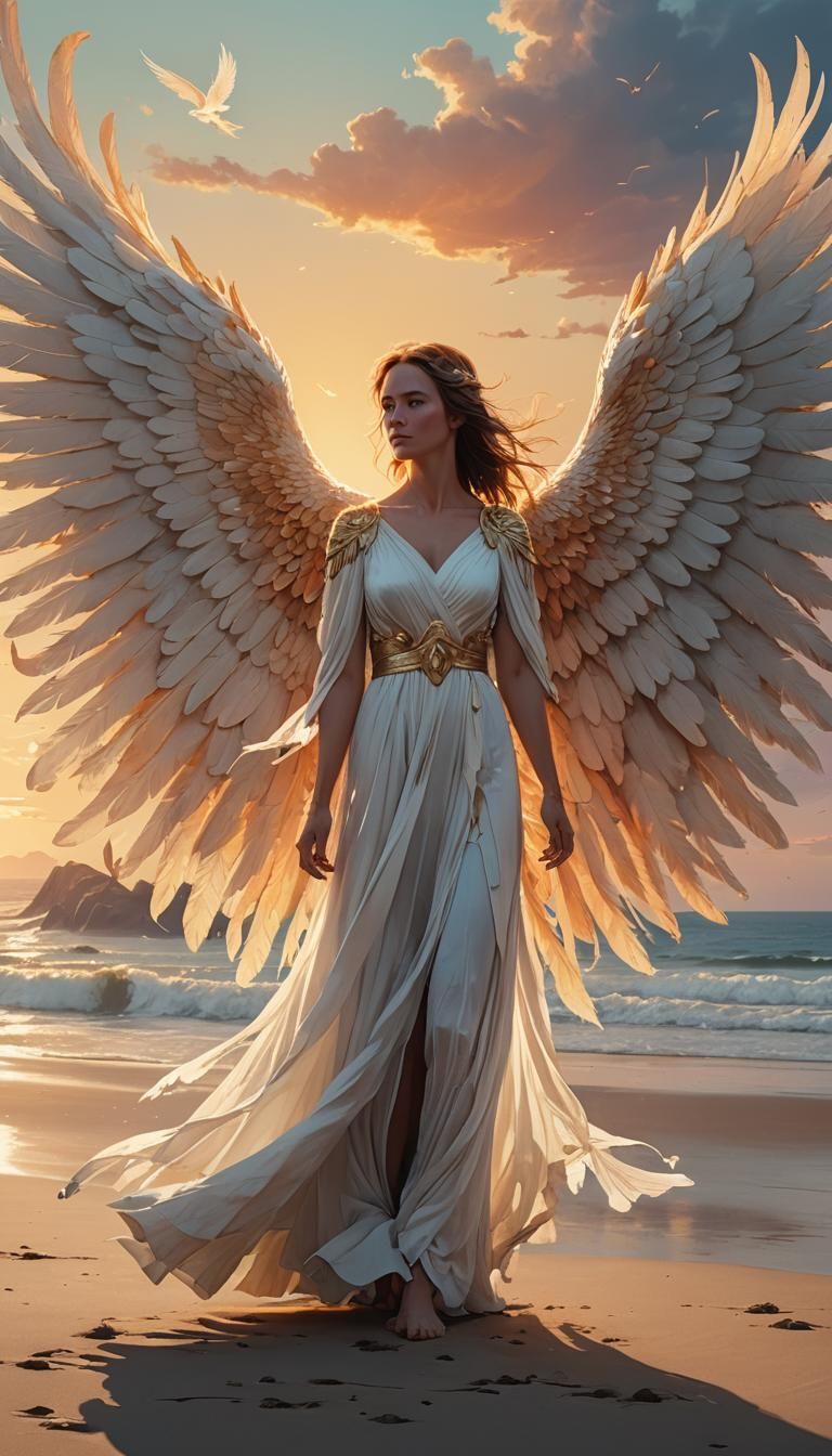 Woman and Phoenix on Beach: Fantasy Art