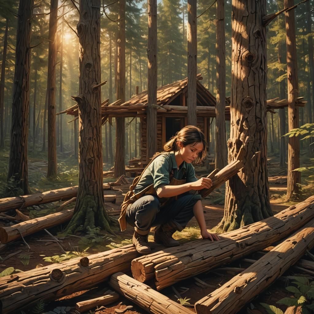 Girl Builds Log Cabin in Atmospheric Wilderness