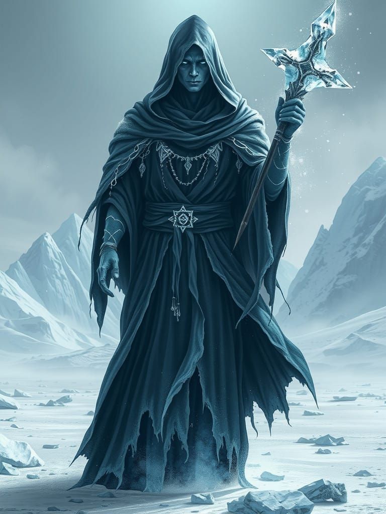 Mysterious Frost Wizard Stands in Icy Wasteland