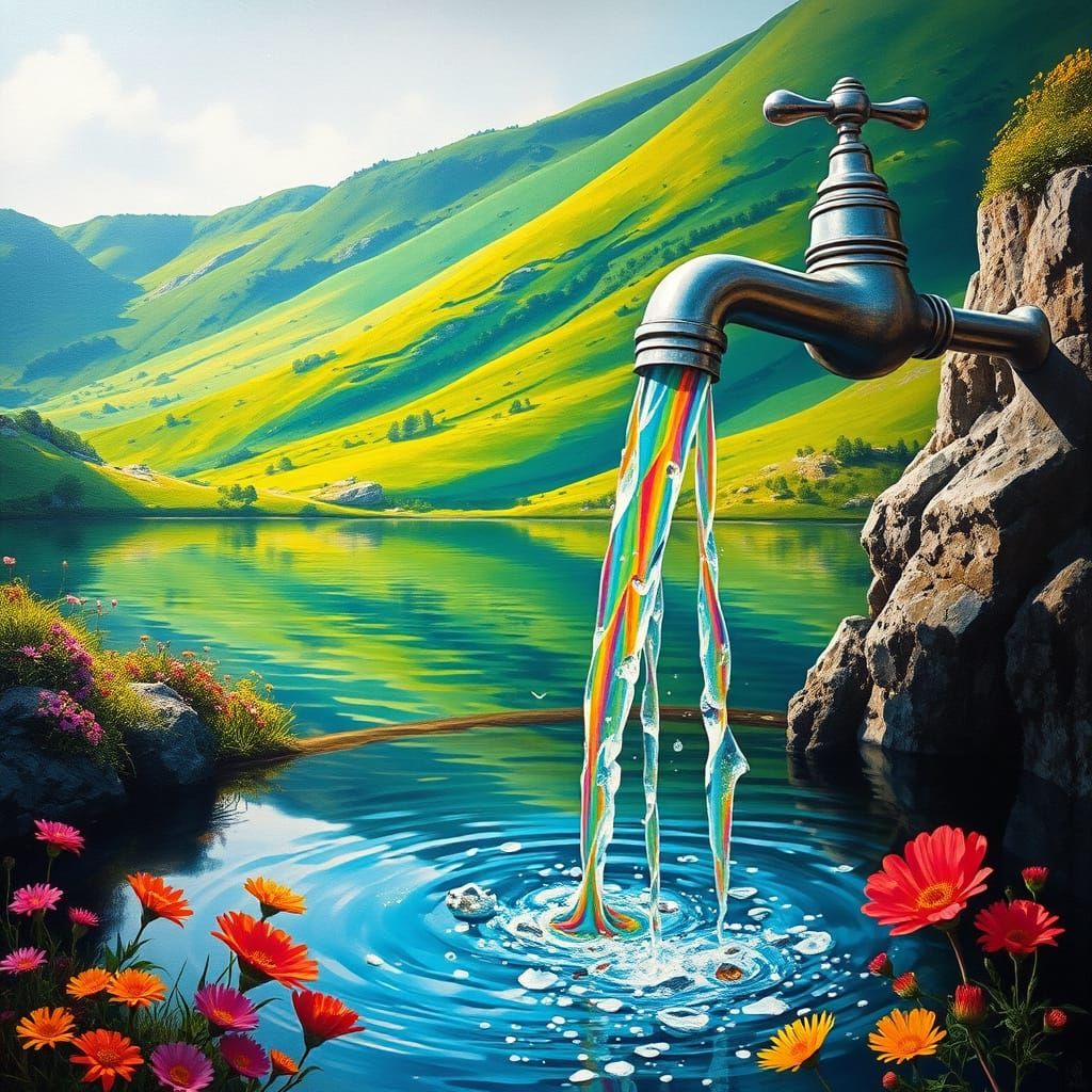 Rainbow Waterfall Flowing from Silver Faucet as Surreal Oil ...