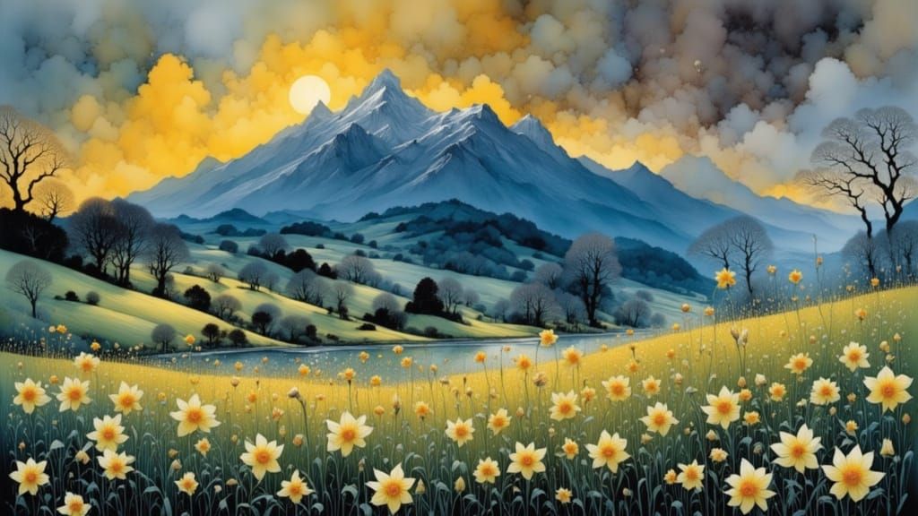 Whimsical Daffodil Valley Landscape in Intricate Detail