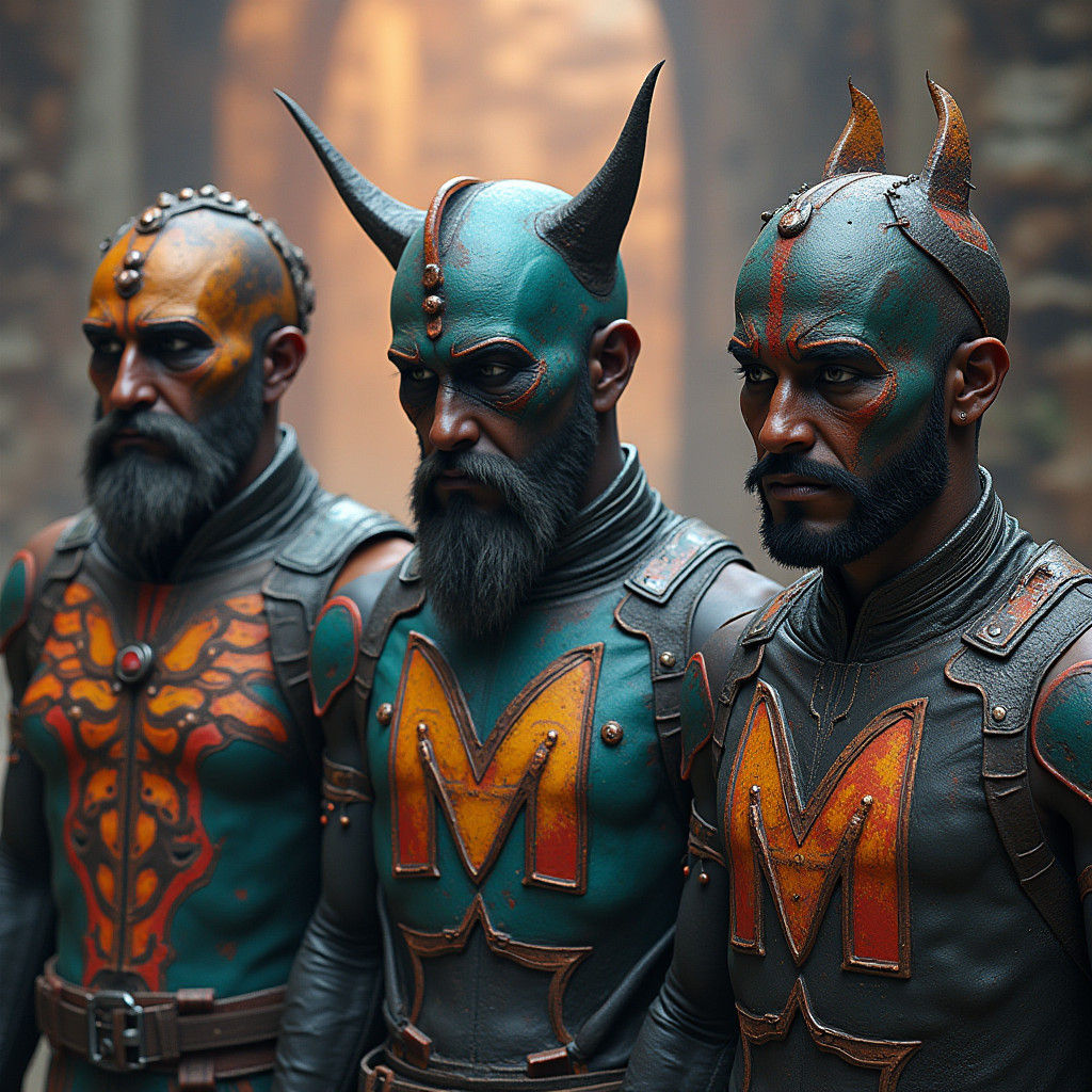 Men with Emblems in Mystical Ruins, Digital Art