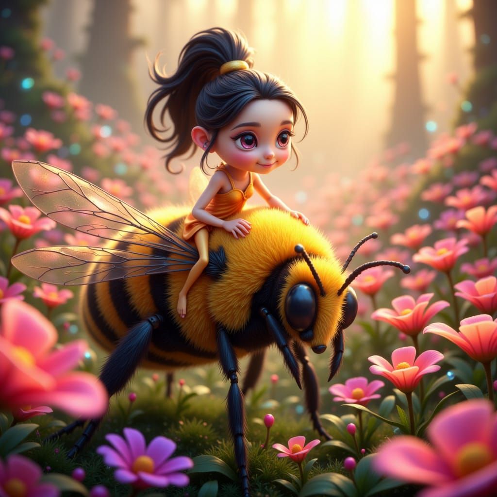 Pixie Riding Giant Bumblebee in Fantasy Flower Field