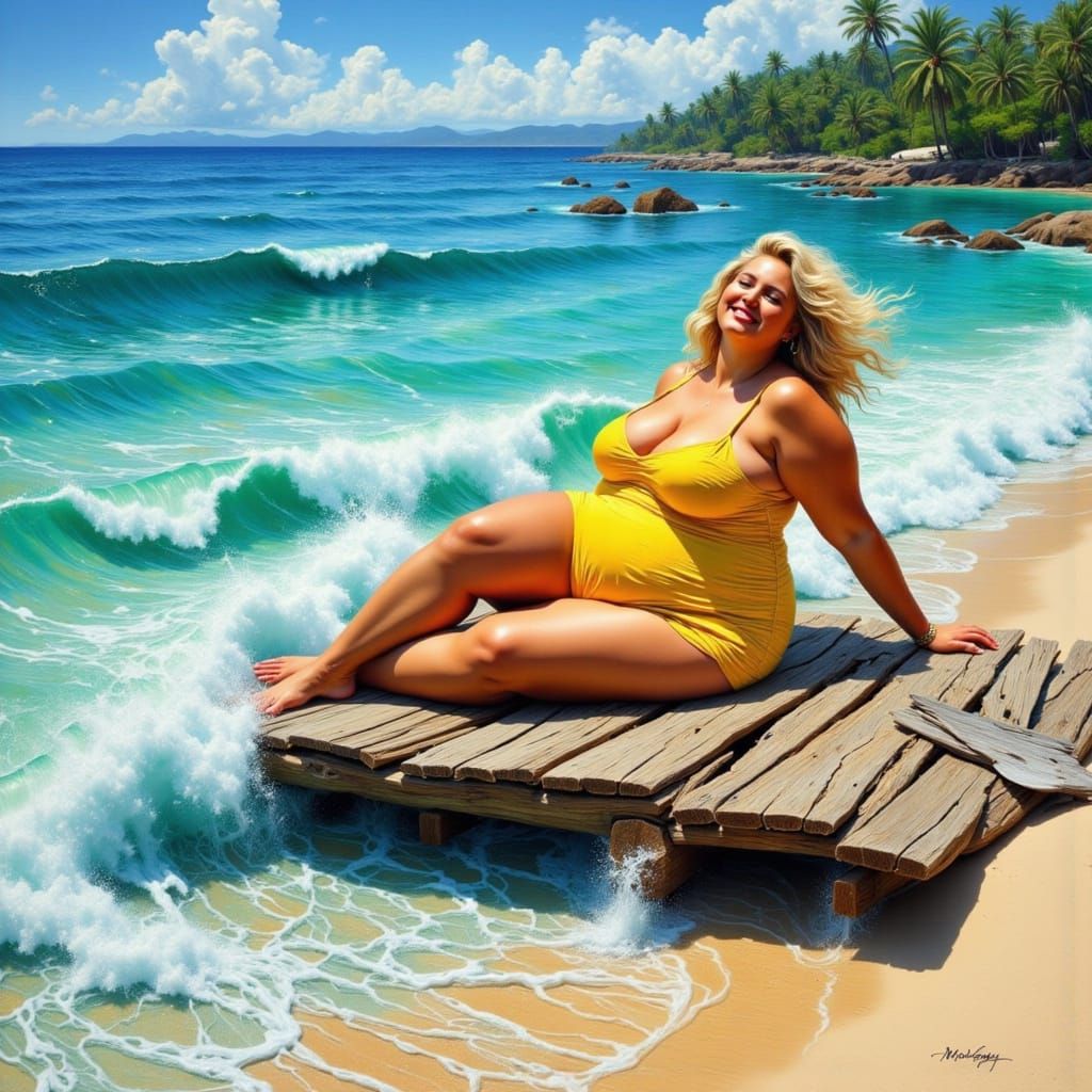 Vibrant Beach Raft Scene in Whimsical Watercolor Style