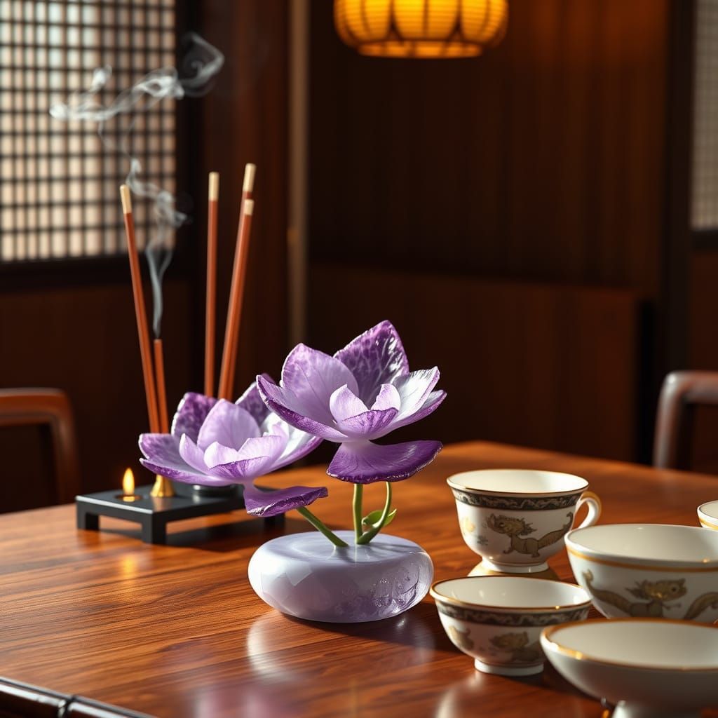 Delicate Lotus Bouquet in Whimsical Japanese Fantasy Scene