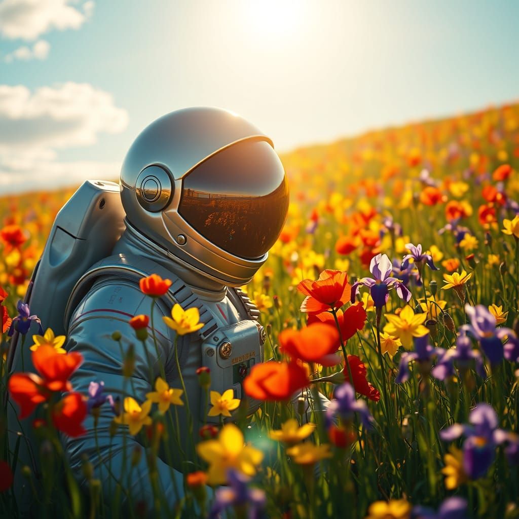 Astronaut Emerges from Vibrant Spring Meadow
