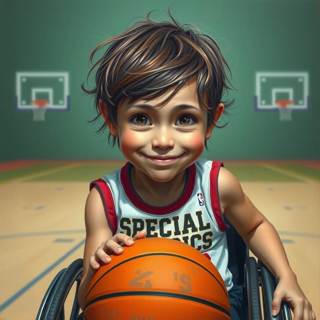 Smiling Girl in Wheelchair Plays Basketball, Oil Painting