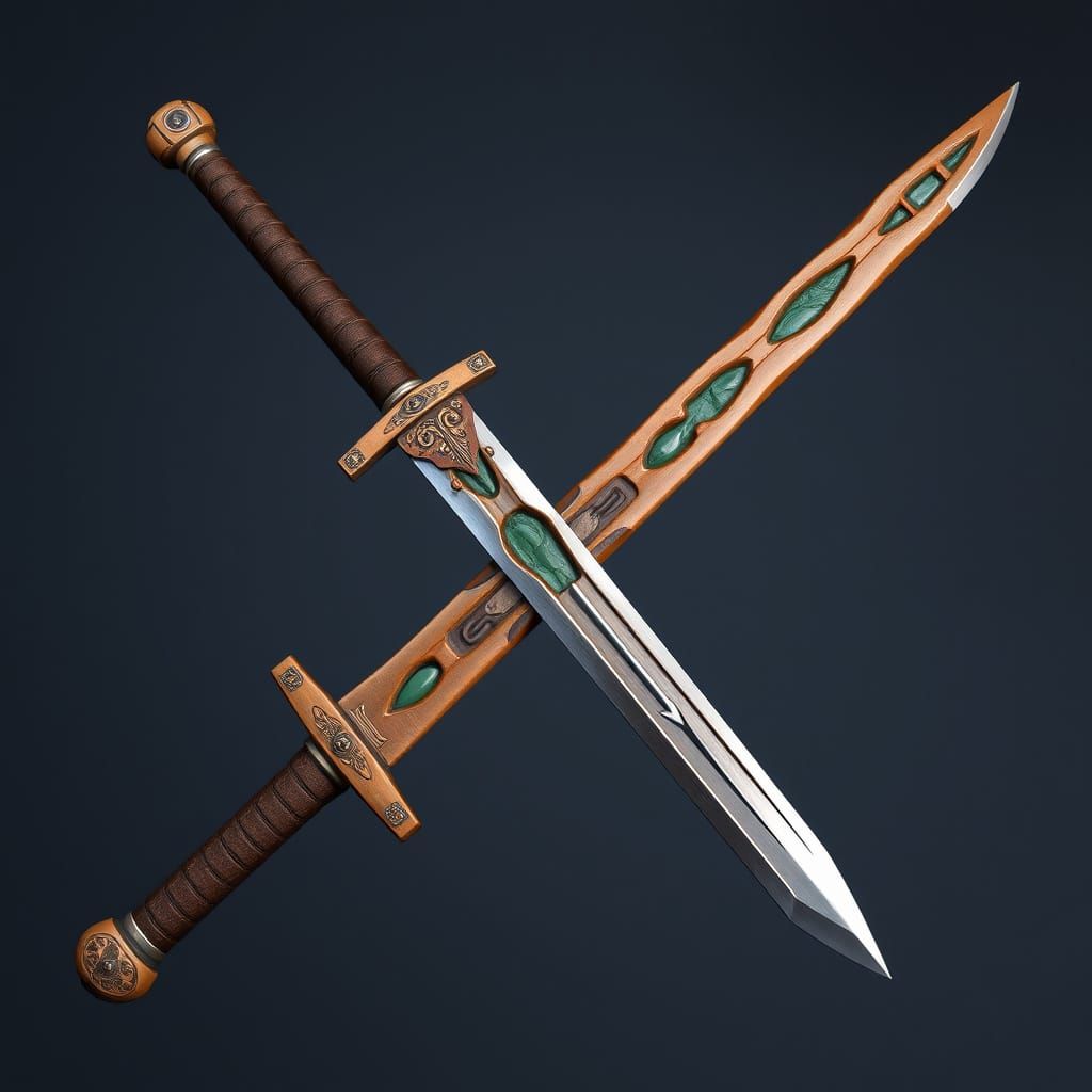 Ornate Jade-Inlaid Wooden Sword Digital Art