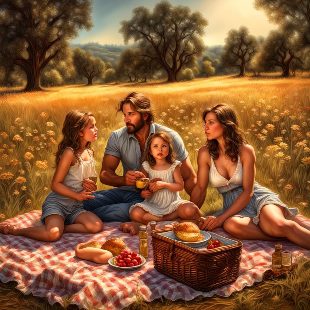 Summer Family Picnic in Fantasy Art Style