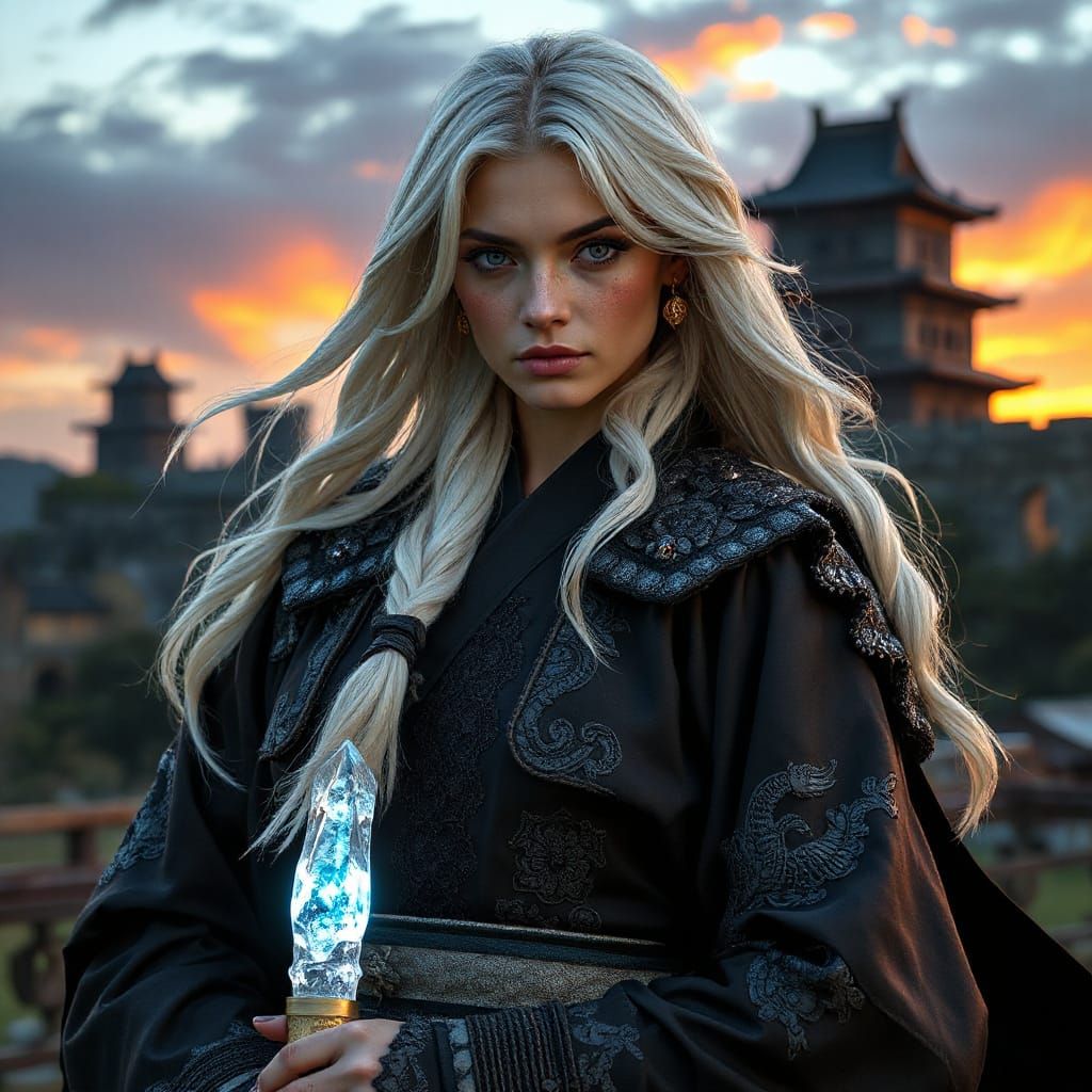 Silver Samurai Maiden in Ancient Japanese Ruins