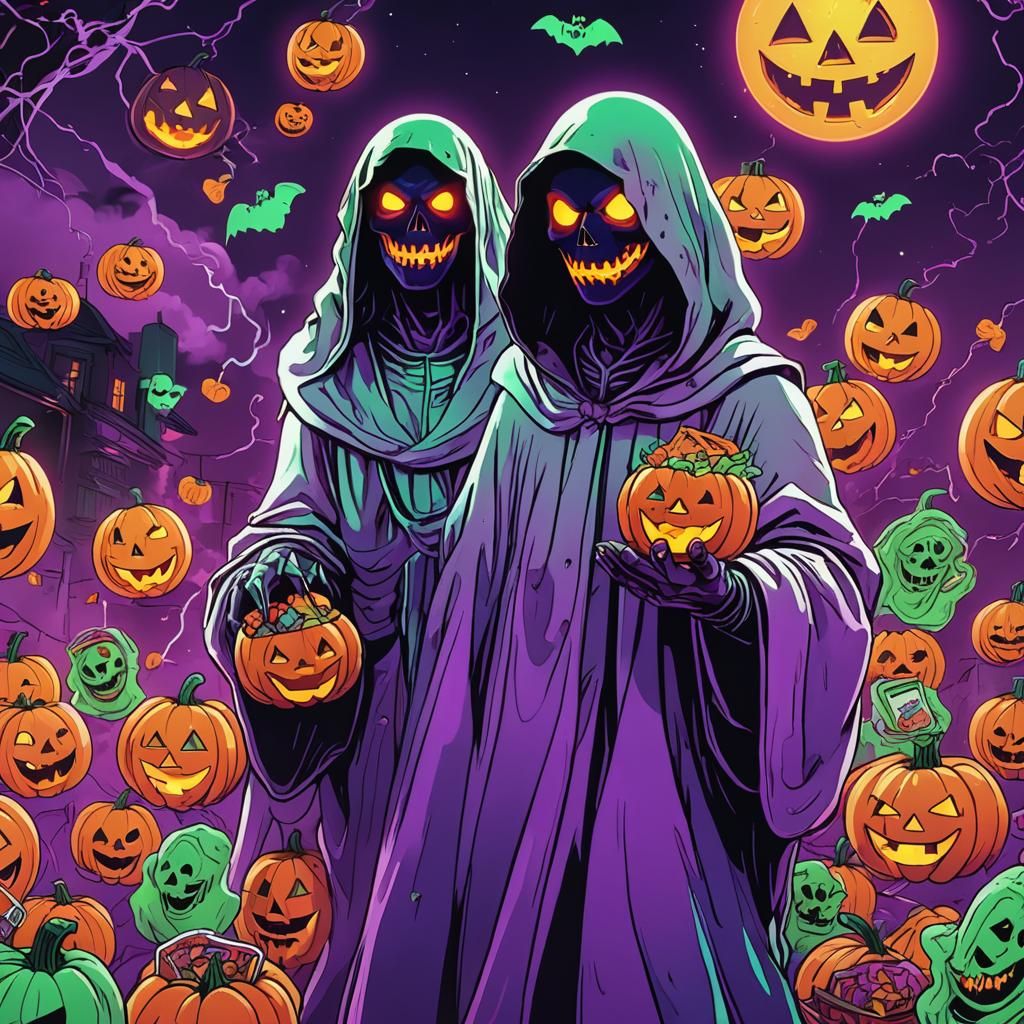 Neon Ghost with Halloween Snacks in Comic Style