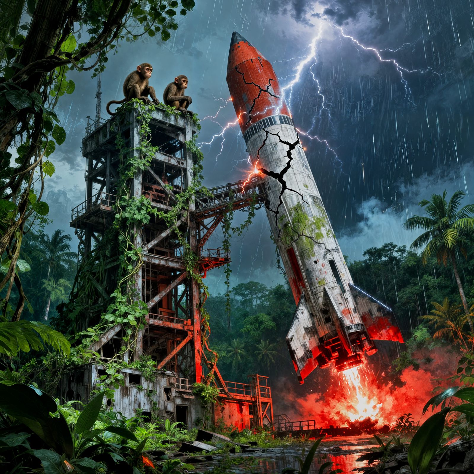 Surreal Jungle Rocket Launch Complex in Storm