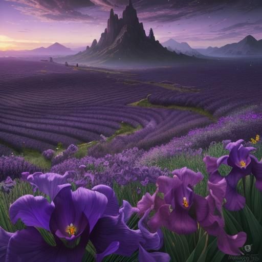 Purple Sunset Over a Lavender and Iris Field
