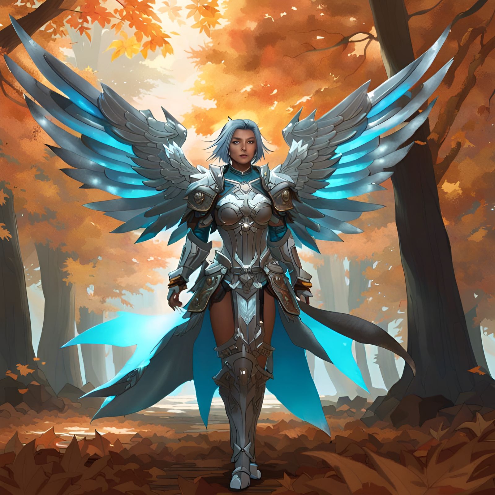Aasimar Paladin in Autumn Forest, Fantasy Art