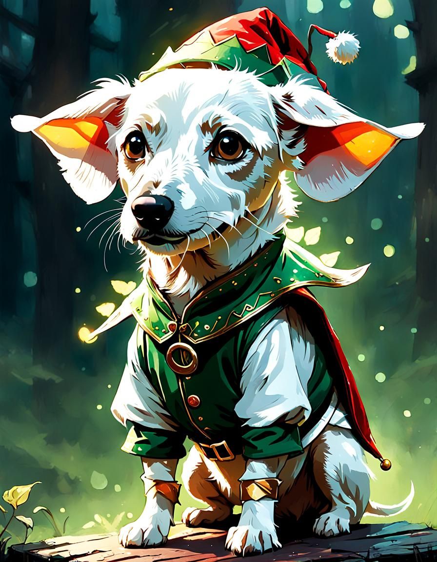 Cute White Wiener Dog Dressed as an Elf in Digital Painting
