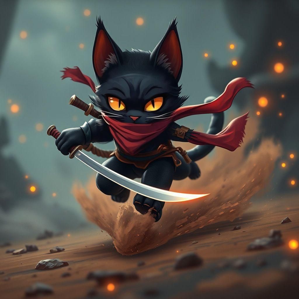 Fierce Ninja Cat Charges into Battle: Cartoon Fantasy