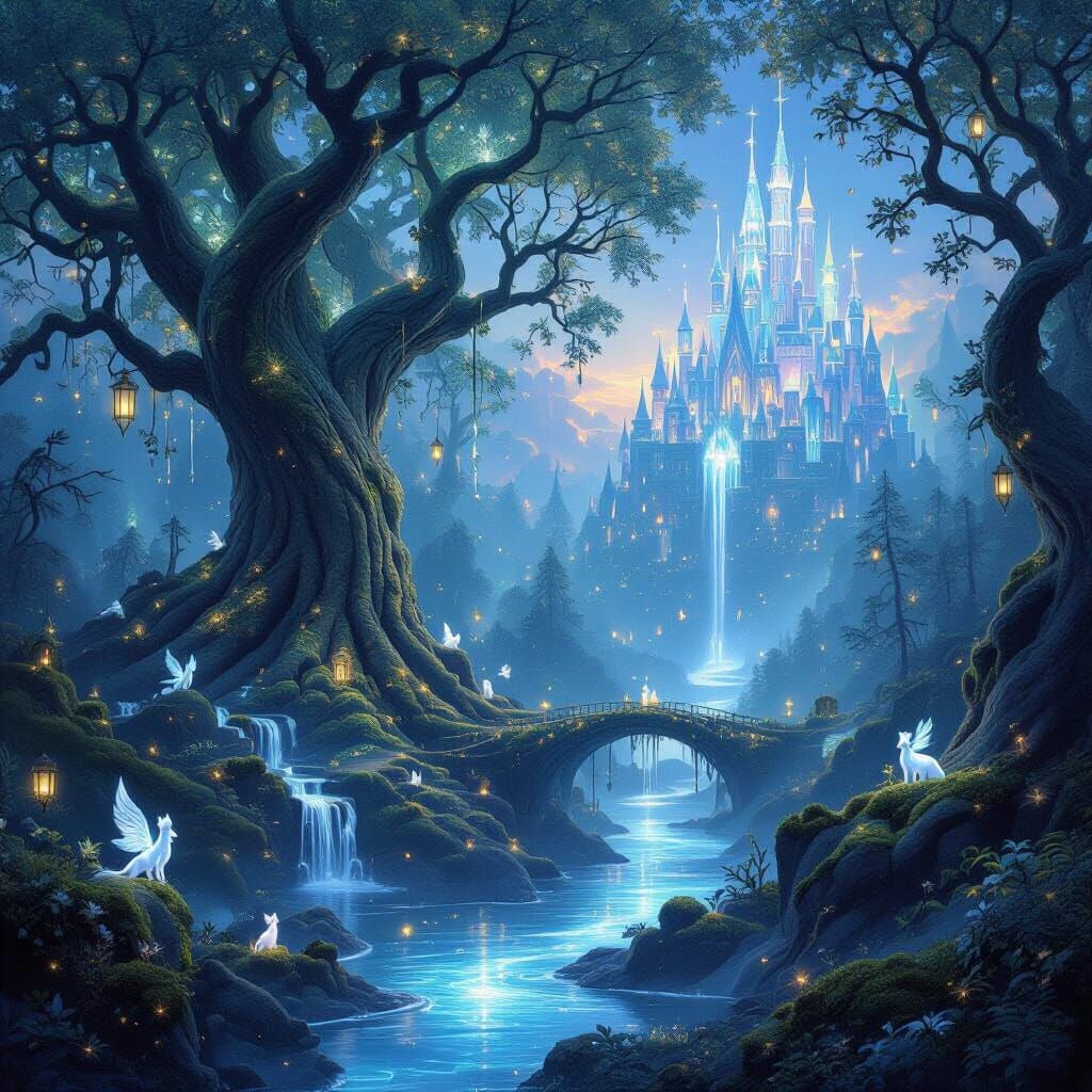 Enchanted Forest Twilight with Glowing Trees and Crystal Riv...