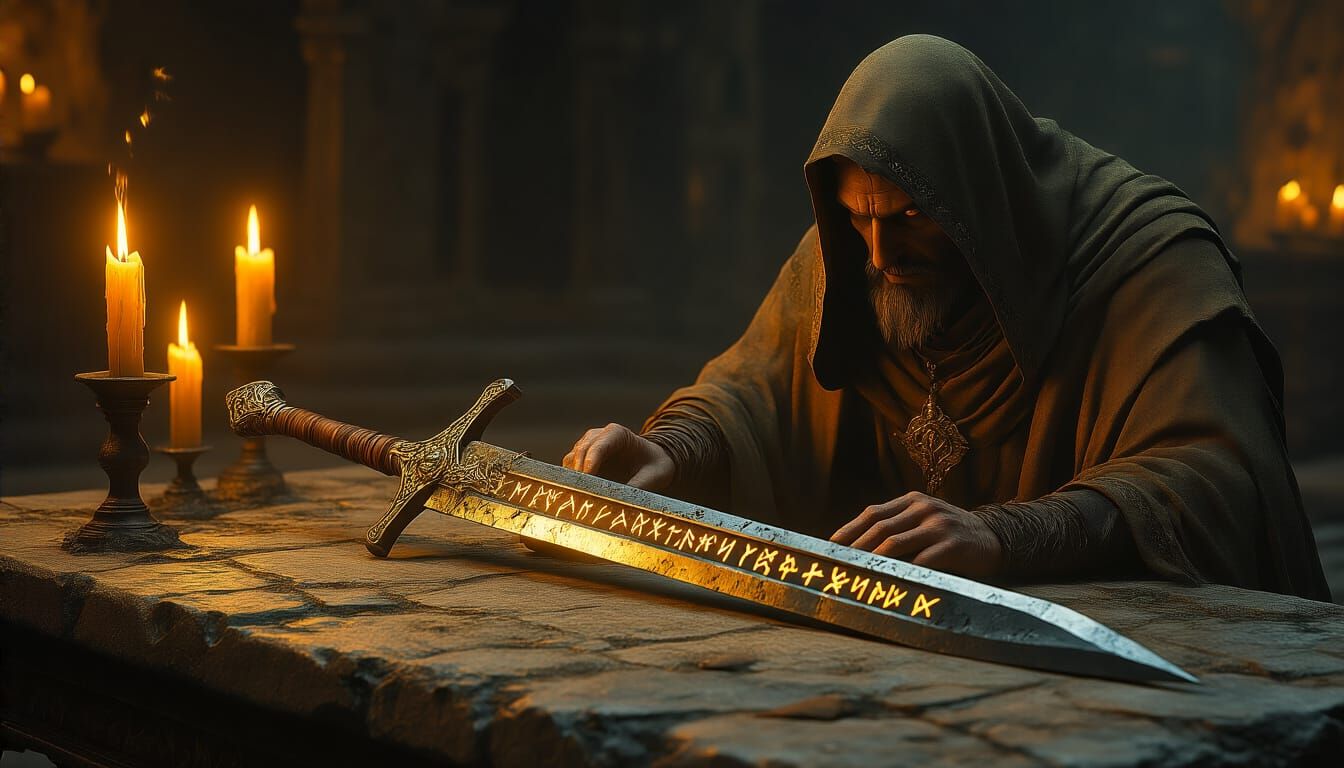 Mystical Sword Discovery in Dark Fantasy Style