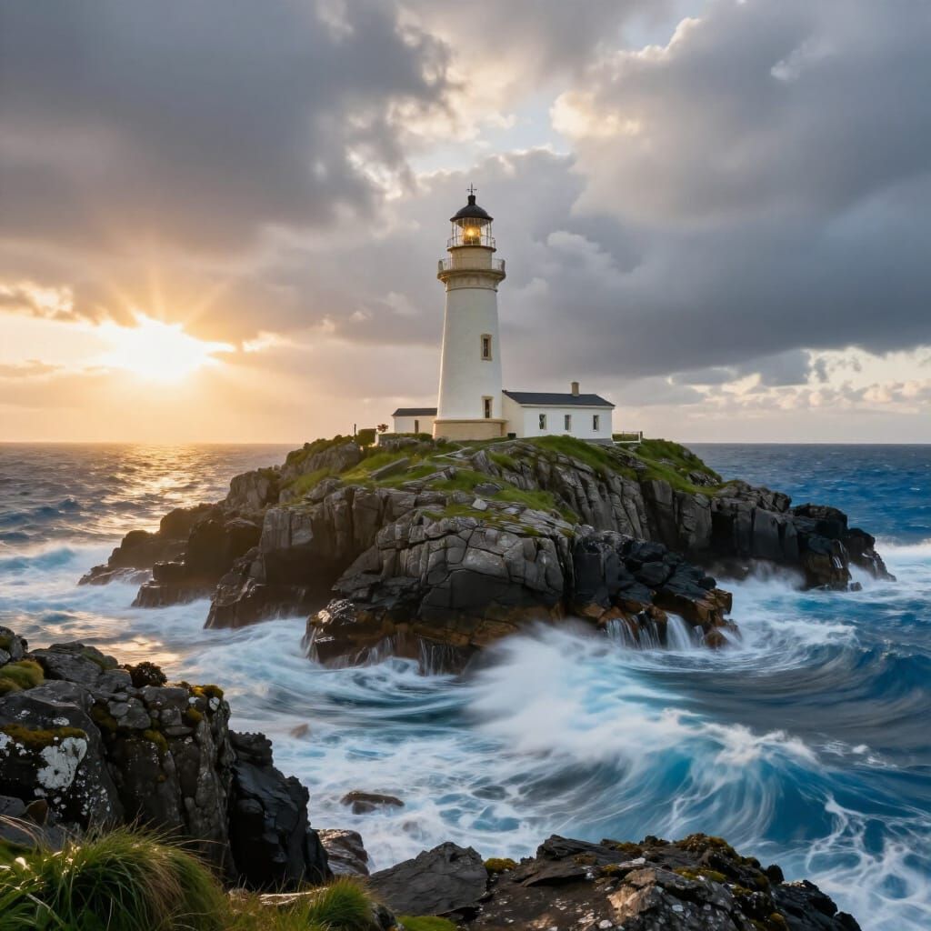 Dramatic Coastal Sunset with Lighthouse on Rocky Cliff