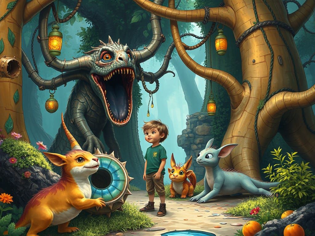 Boy in a Whimsical Forest, Fantasy Art