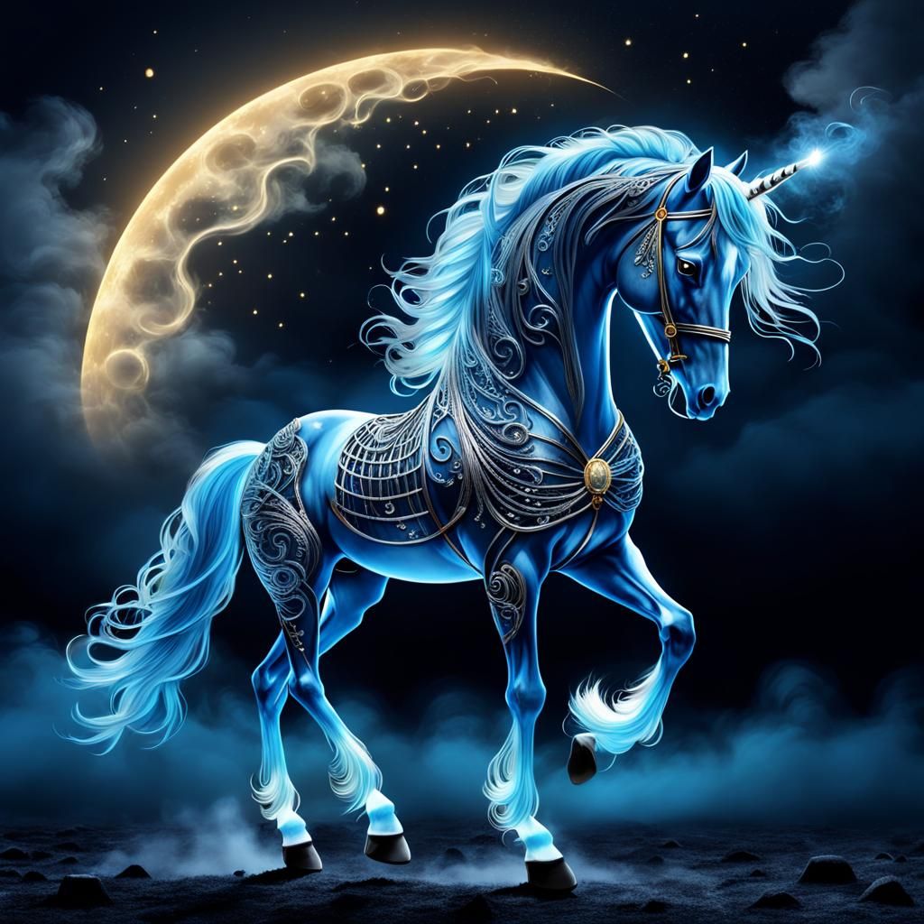 Bioluminescent Blue Horse with Silver Musical Accents