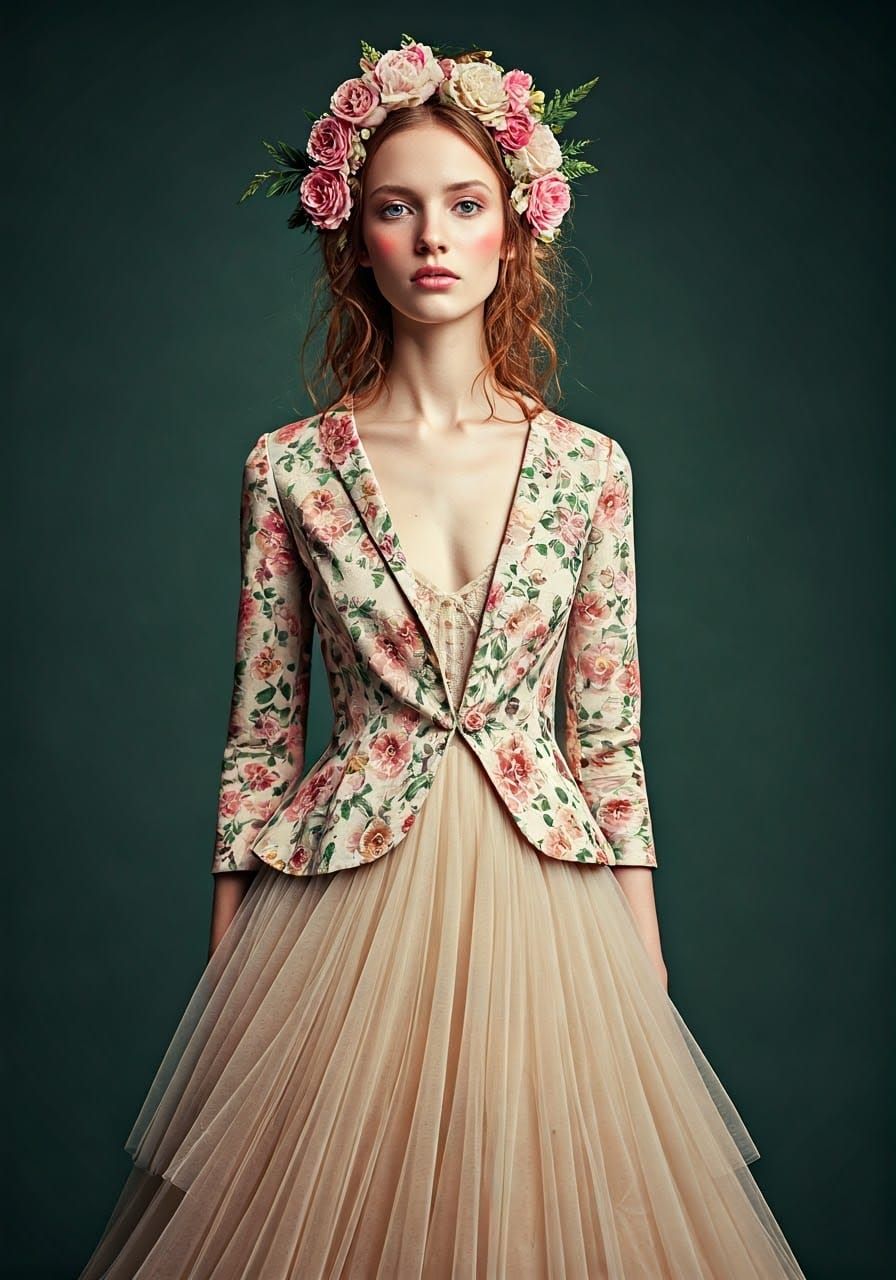 Floral woman:
Outfit: Dresses and suits covered in floral prints, with ruffles and layers mimicking flower structures.
A...