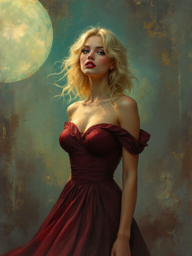 Blonde Pin-Up Woman in Maroon Dress in Atmospheric Style